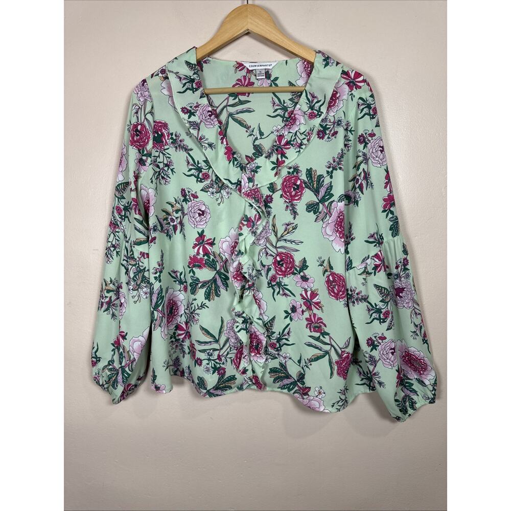 Counterparts Womens Blouse XL Floral Peasant Boho Balloon Sleeve Ruffle V Neck